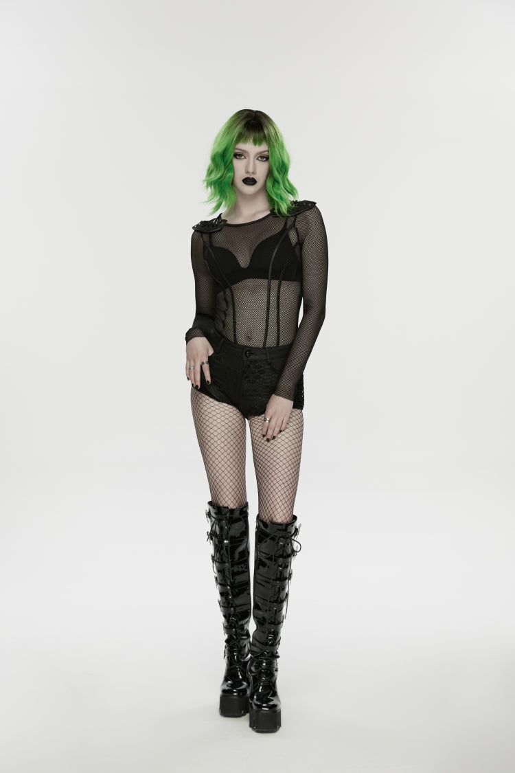 Black Low Waisted Cut-Out Irregular Eyelet Women's Punk Shorts - Product - 6