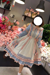 Blue/Pink [Sweetheart Puff] Doll Collar Long Sleeves Ruffle Bowknot Sweet Plus Size Lolita Dress - Product - 3