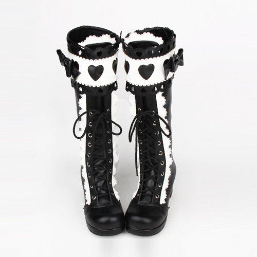 Black White Lace Bowknot Heart Shaped Round Toe Sweet Lolita High Boots - Black/White - 1