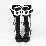 Black White Lace Bowknot Heart Shaped Round Toe Sweet Lolita High Boots - Black/White - 1