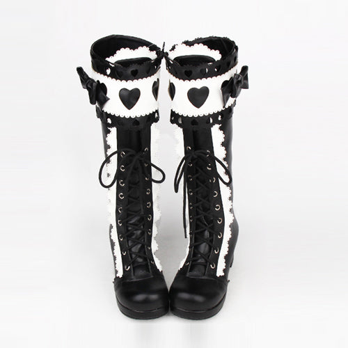 Black White Lace Bowknot Heart Shaped Round Toe Sweet Lolita High Boots - Black/White - 1