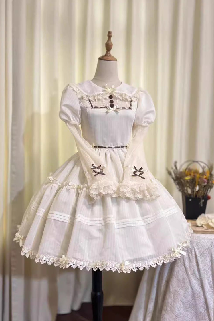 White Lapel Collar Long Sleeves Hollow Sweet Princess Lolita Dress - White - 1