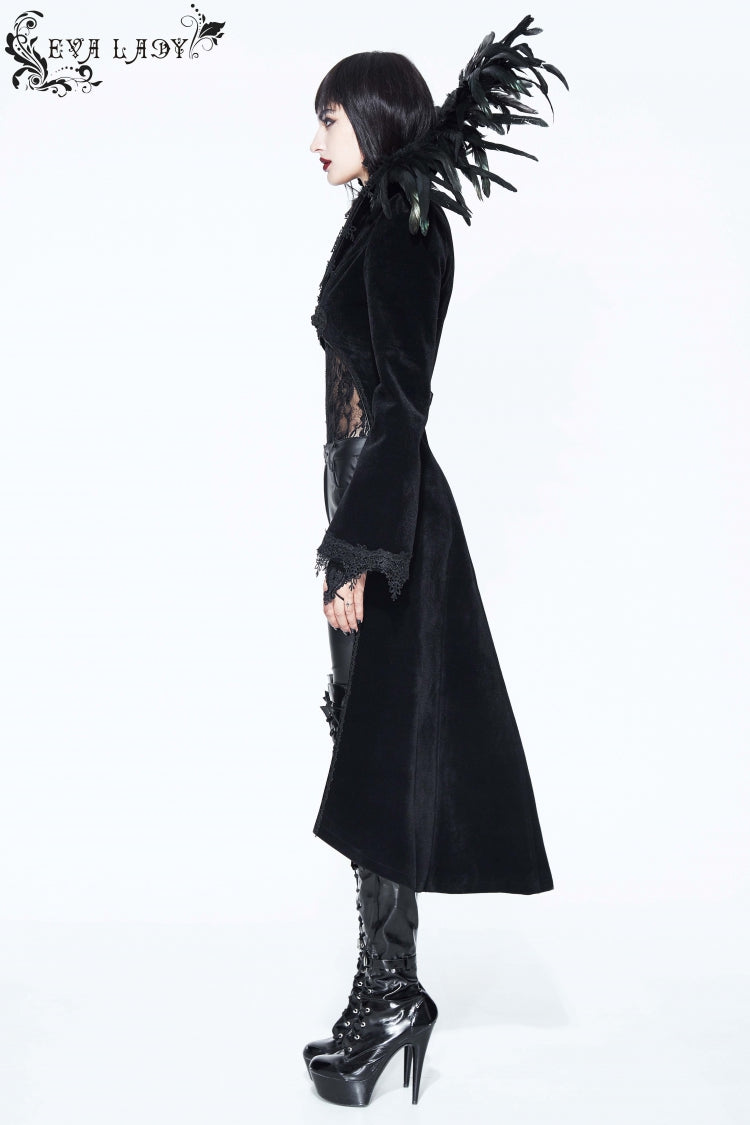 Black Feathered Collar Long Sleeves Bowknot Women's Gothic Tailcoat - Product - 8