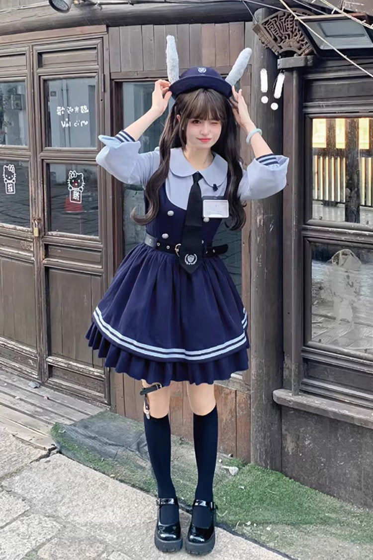 Blue [Rabbit Officer] Long Sleeves Printed Ruffled Faux Two-Piece College Style Sweet Lolita Dress - Blue - 1