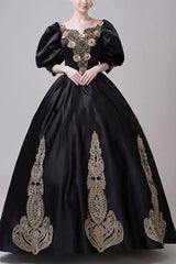 Boat Neck Half Sleeves High Waisted Three Dimensional Golden Floral Hollow Print Victorian Lolita Prom Dress - Black - 7