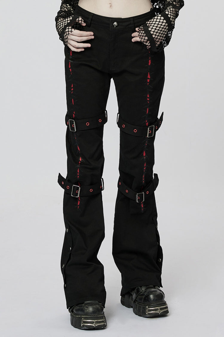 Black/Red Embroidery Buckles Women's Steampunk Flared Pants - Black/Red - 1