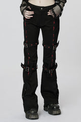 Black/Red Embroidery Buckles Women's Steampunk Flared Pants - Black/Red - 1