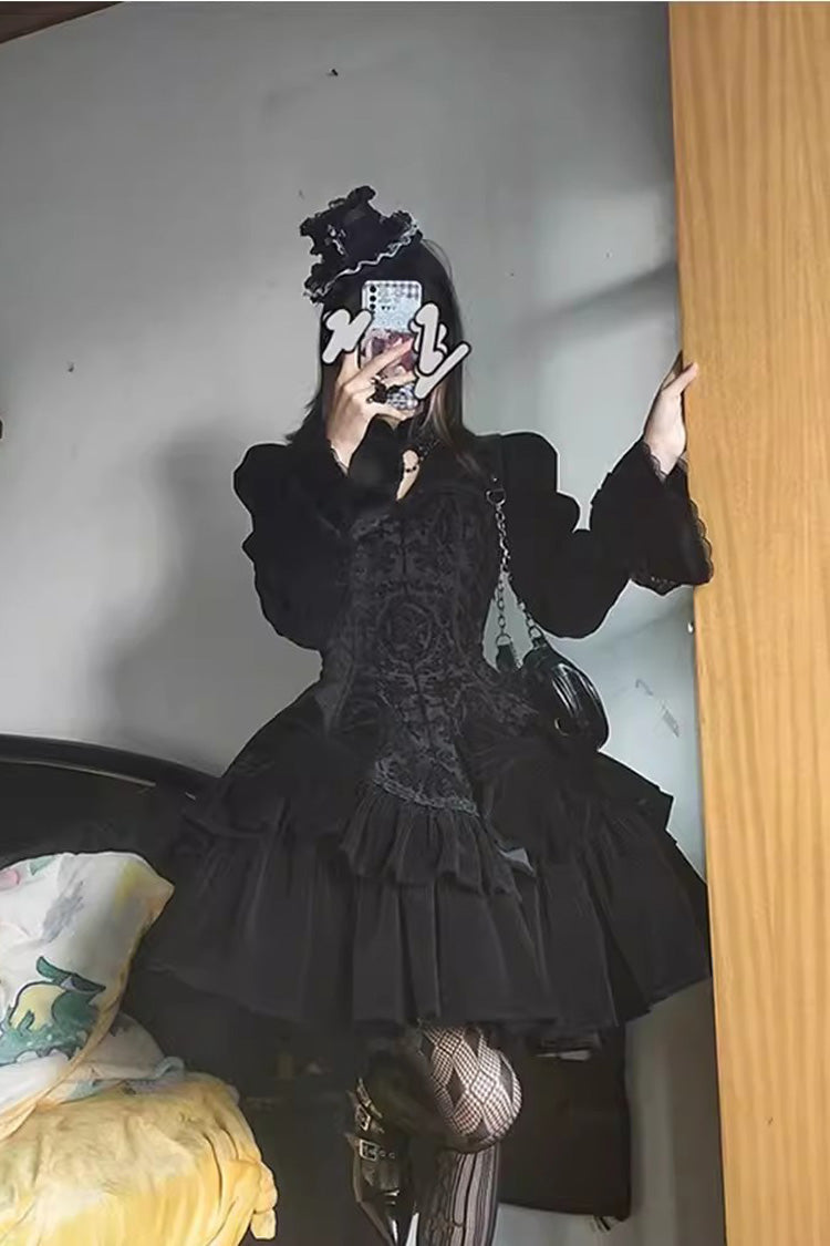 Black Long Sleeves Jacquard Print Ruffle Classic Gothic Lolita Dress - Product - 4