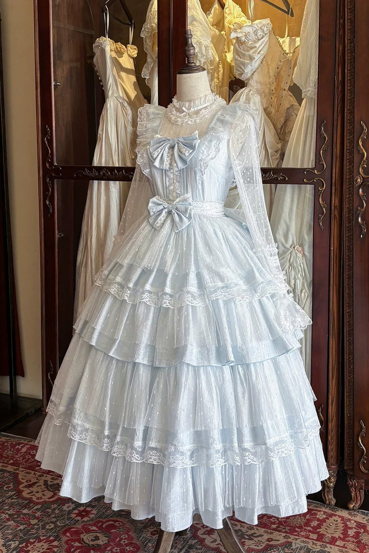 Blue [Aegean] Square Collar Flutter Sleeves Multi-Layered Ruffled Bow Sweet Lolita Jsk Dress Set - Product - 10