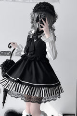 Black [Twilight Song] Stripe Print Bowknot Lace Jirai Kei Jumper Dress - Product - 2