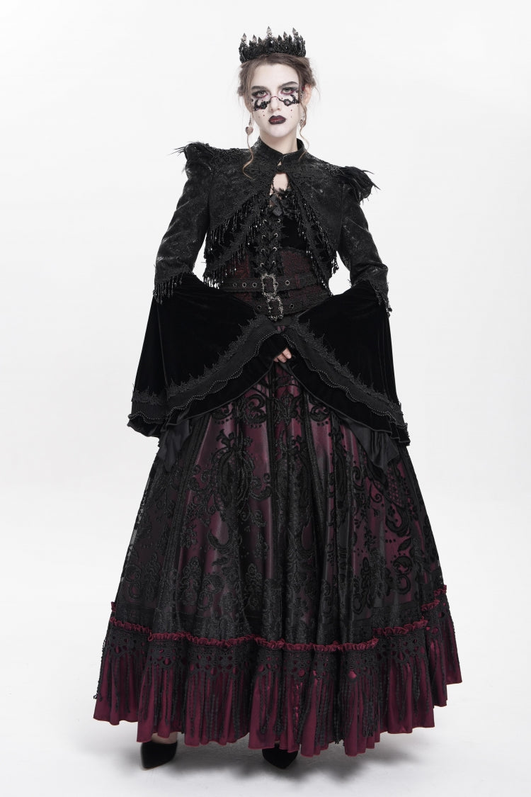 Black Long Sleeves Floral Embroidery Women's Gothic Beaded Frog Short Jacket - Product - 4