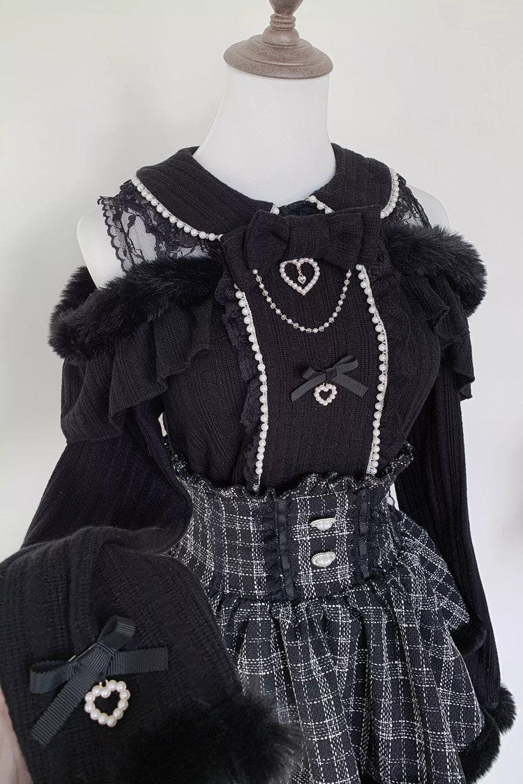 Jirai Kei Off Shoulder Long Sleeves Bow Lace Pearl-Decorated Sweet Knitwear 2 Colors - Black - 1