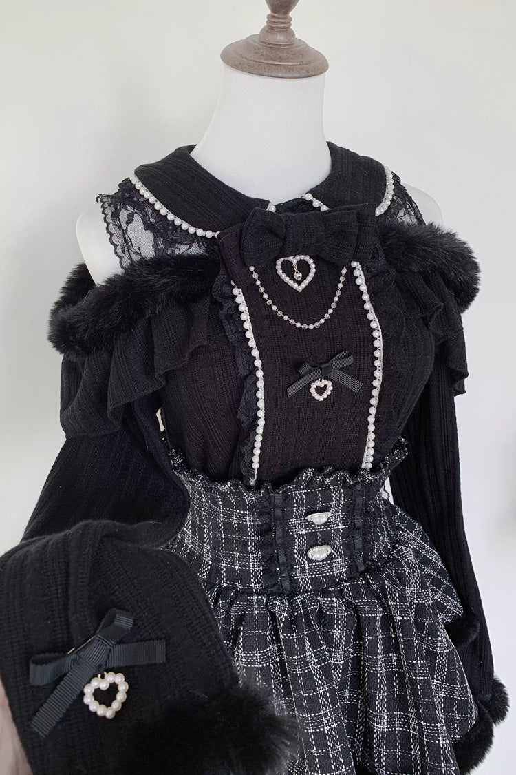 Jirai Kei Off Shoulder Long Sleeves Bow Lace Pearl-Decorated Sweet Knitwear 2 Colors - Black - 1
