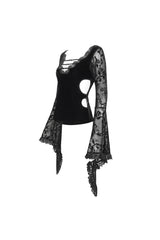 Black Plunging Flared Sleeved Mesh Splice Women's Punk Shirt - Product - 8