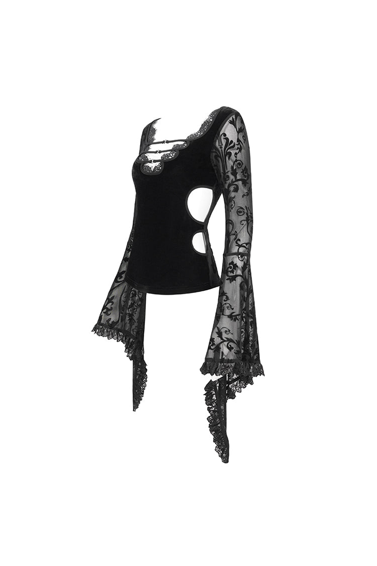 Black Plunging Flared Sleeved Mesh Splice Women's Punk Shirt - Product - 8