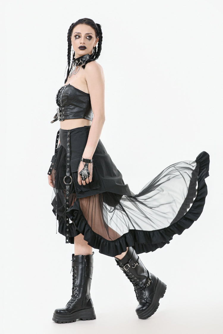 Black Eyelet Straps Women's High-Low Multi-Layered Ruffled Sheer Mesh Punk Skirt - Product - 2