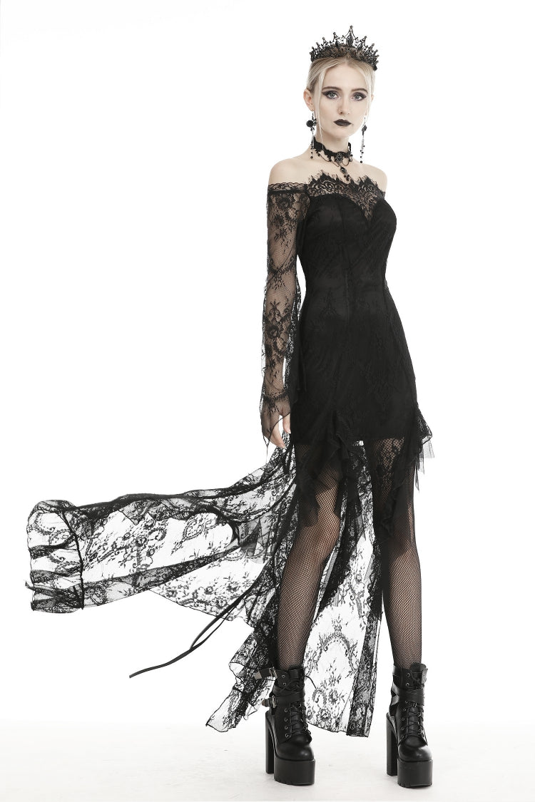 Black Off Shoulder Long Sleeves Lace Lace-Up Women's Gothic Mermaid Wedding Dress - Product - 9
