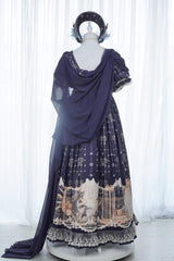 Blue [Unicorn] V Collar Short Sleeves Empire Motif Print Embroidery Bowknot Lace Sweet Elegant Lolita Dress - Product - 4