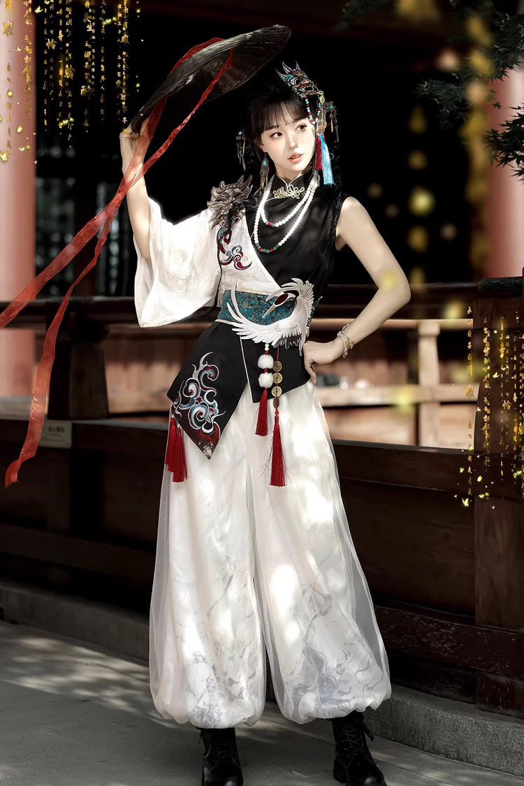 Black/White Stand Collar Single Long Sleeve Printed Embroidered Asymmetric Chinese Style Ouji Set - Black/White(Set) - 1