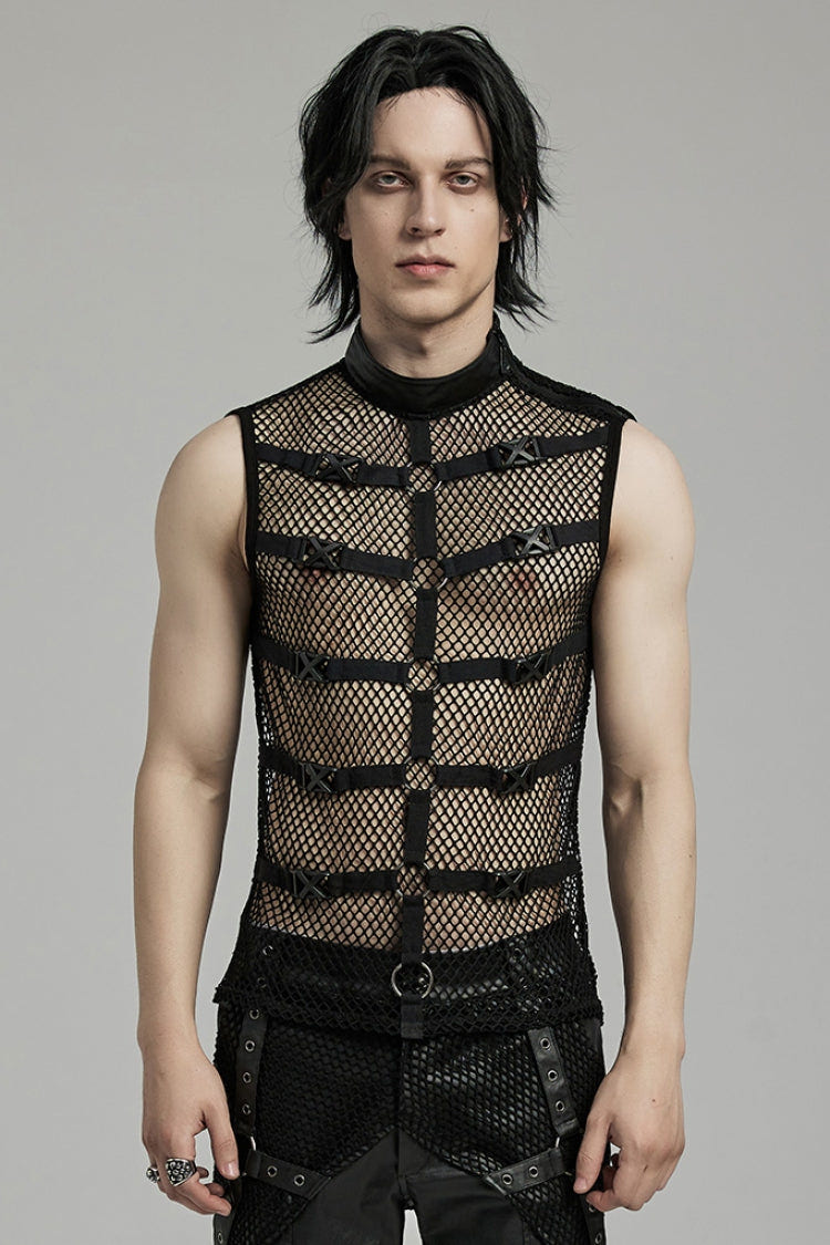 Black Stand Collar Sleeveless Straps Mesh Buckle Men's Punk Vest - Black - 1