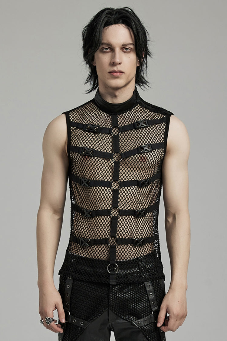 Black Stand Collar Sleeveless Straps Mesh Buckle Men's Punk Vest - Black - 1