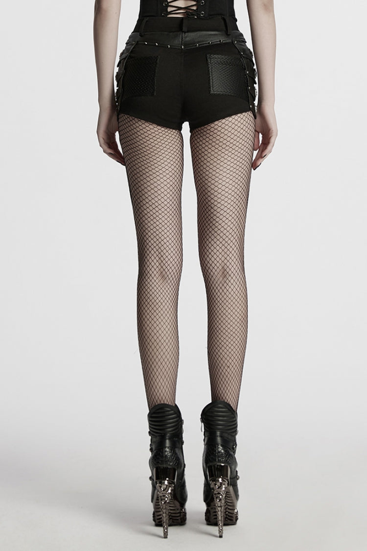 Black Stitching Faux Leather Mesh Studded Women's Punk Shorts - Product - 3