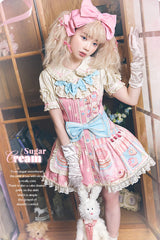 Pink Cake Chocolate Dessert Print Ruffle Bowknot Sweet Lolita Strap Dress - Product - 8