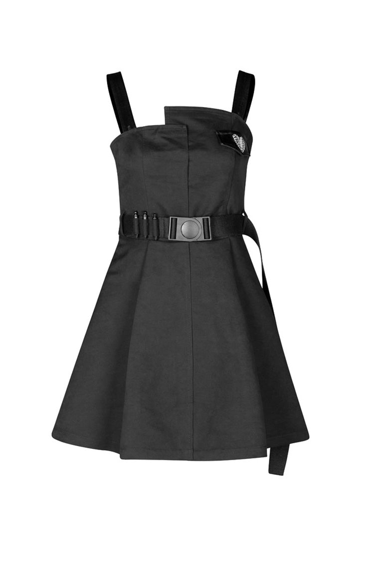 Black High Waist Belted PU Leather Strap Irregular Women's Steam Punk Dress - Product - 5