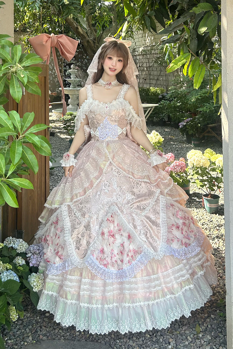 [The Glass Ball of Misty Isle] Multi-Layered Ruffled Hanayome Embroidered Sweet Plus Size Lolita Dress Set 5 Colors (White, Yellow, Purple, Green, Pink) - Pink(Set) - 5