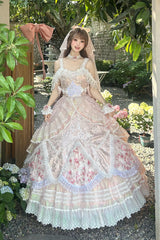 [The Glass Ball of Misty Isle] Multi-Layered Ruffled Hanayome Embroidered Sweet Plus Size Lolita Dress Set 5 Colors (White, Yellow, Purple, Green, Pink) - Pink(Set) - 5