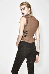 Brown Hand-Rubbed Leather Low Collar Loop Side Lace-Up Frill Hem Short Women's Punk Waistcoat - Product - 4