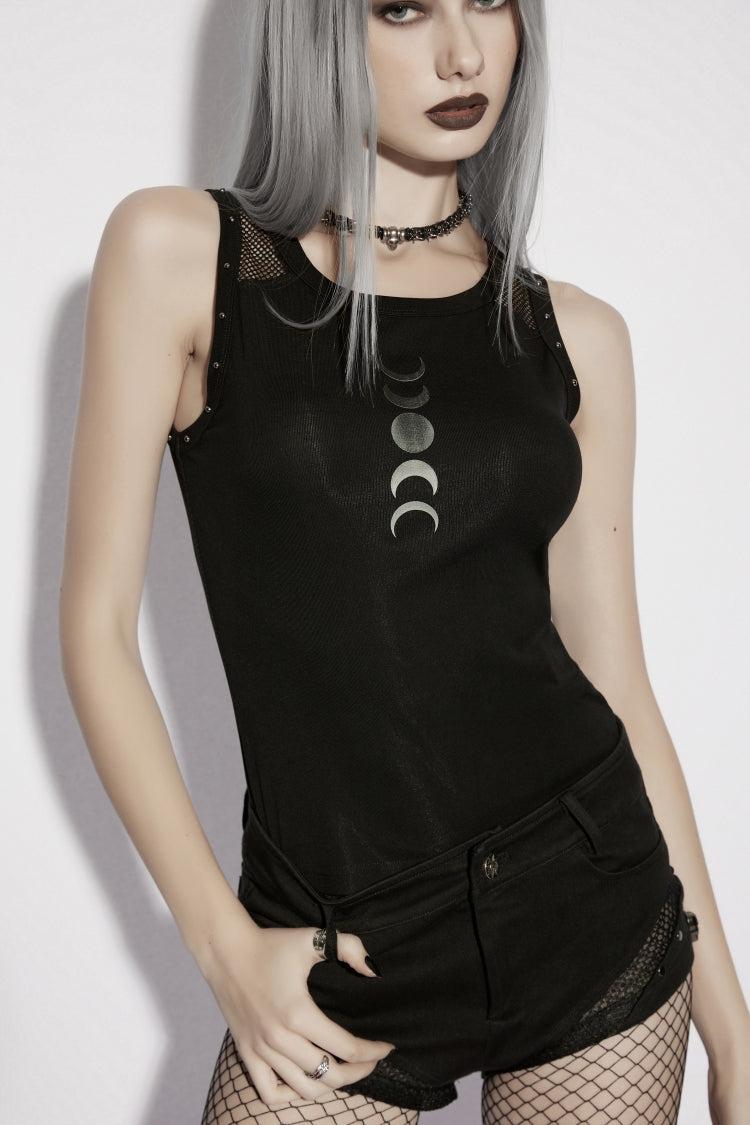 Black Moon Phase Printed Spliced Slim Mesh Eyelet Women's Gothic Vest - Product - 8