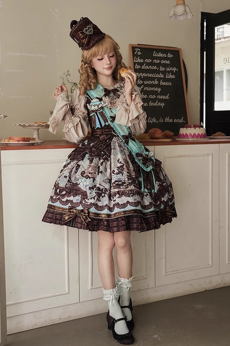 Brown [Teddy Bear Chocolate] Sleeveless Print Ruffle Bowknot Sweet Lolita Jsk Dress - Product - 8