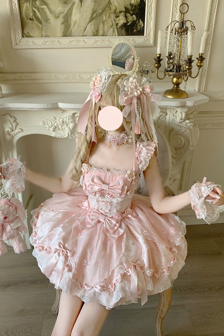 Pink [Sakura Bunny Ballad] Square Collar Flutter Sleeves Jacquard Ruffled Bow Lace Sweet Elegant Luxurious Short Lolita Jsk Dress - Product - 5