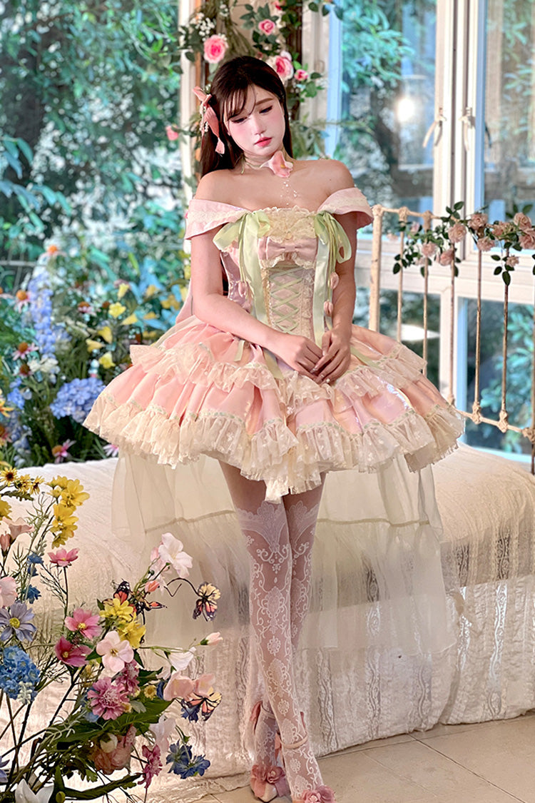Pink [Tulip Love Song] Boat Neck Double-Layered Ruffle Bowknot Lace Lace-Up Romantic Sweet Princess Lolita Dress - Product - 2