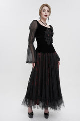 Black Velvet Paneled Chiffon Long Sleeves Chest Applique With Blood Red Diamonds Women's Gothic T-Shirt - Product - 5