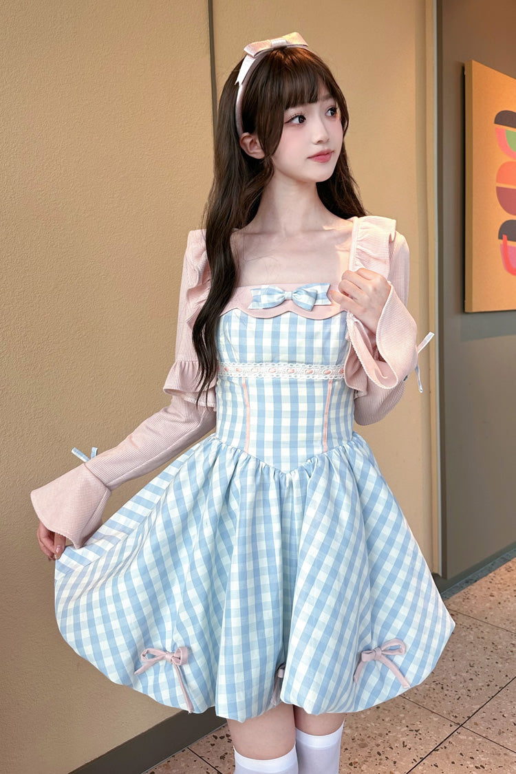 Blue [Sea Salt Strawberries] Sleeveless Plaid Print Bowknot Sweet Lolita Jsk Short Dress - Product - 2