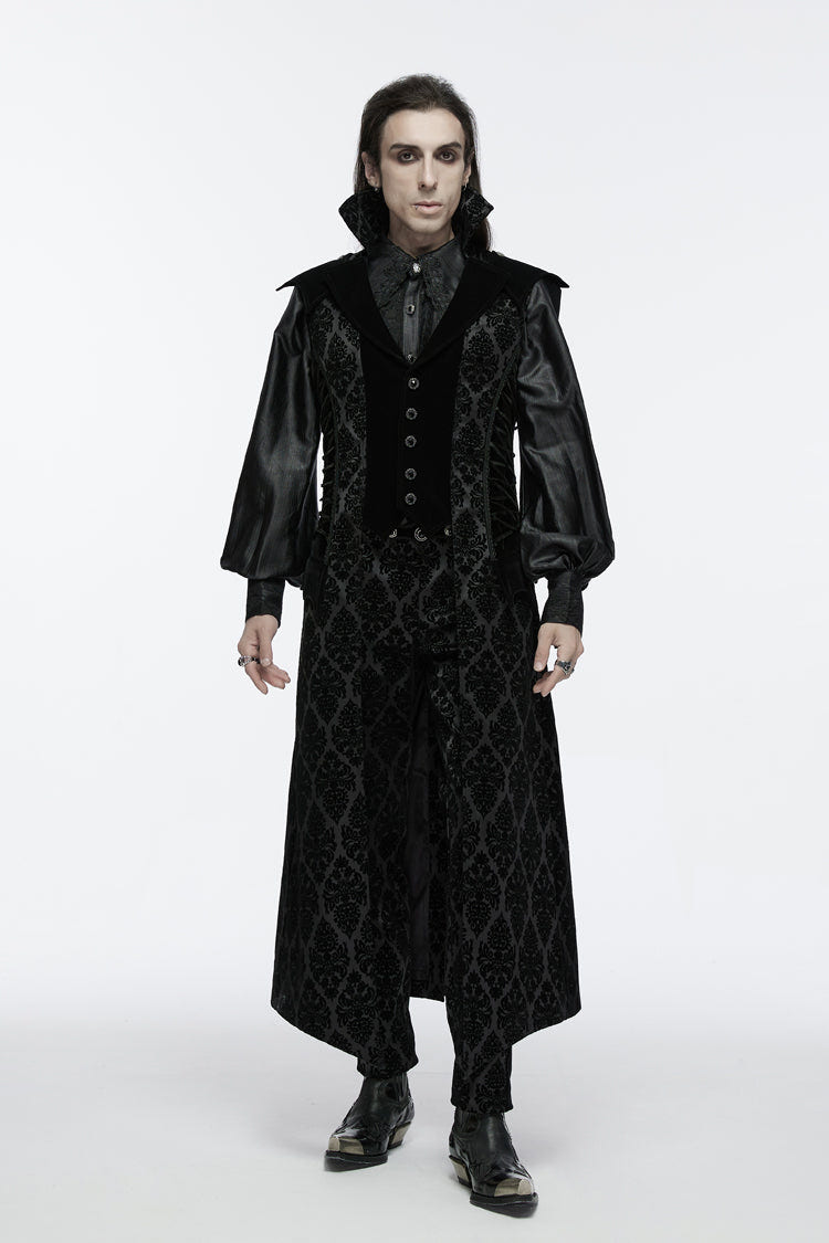 Black Sleeveless Floral Print Lace-Up Men's Gothic Waistcoat - Black - 1