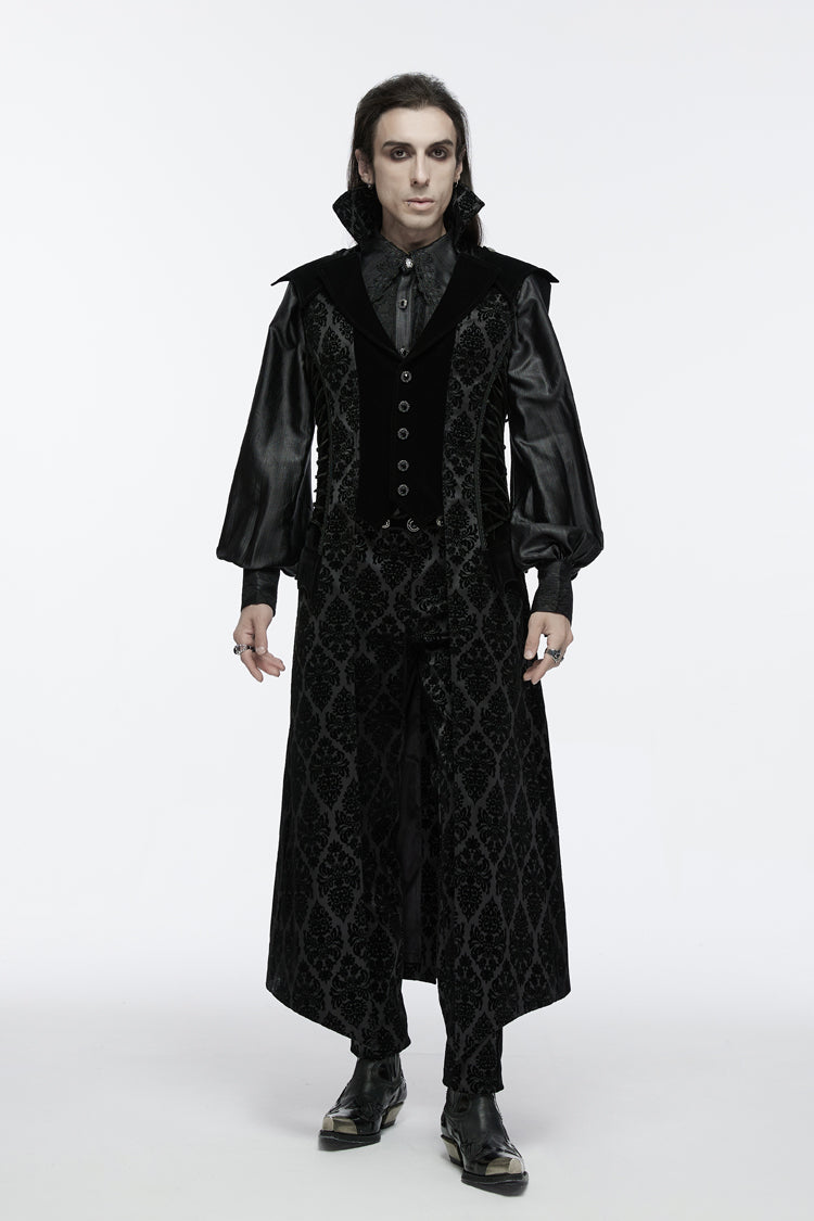Black Sleeveless Floral Print Lace-Up Men's Gothic Waistcoat - Black - 1