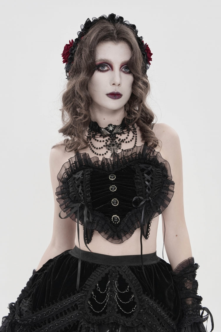 Black Off Shoulder Bow Lace Lace-Up Women's Gothic Ruffled Corset - Black - 1