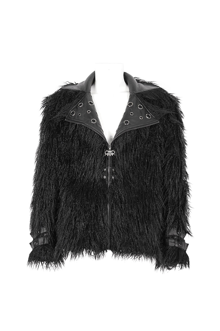 Black Lapel Collar Collar Faux Fur Men's Punk Jacket - Product - 7