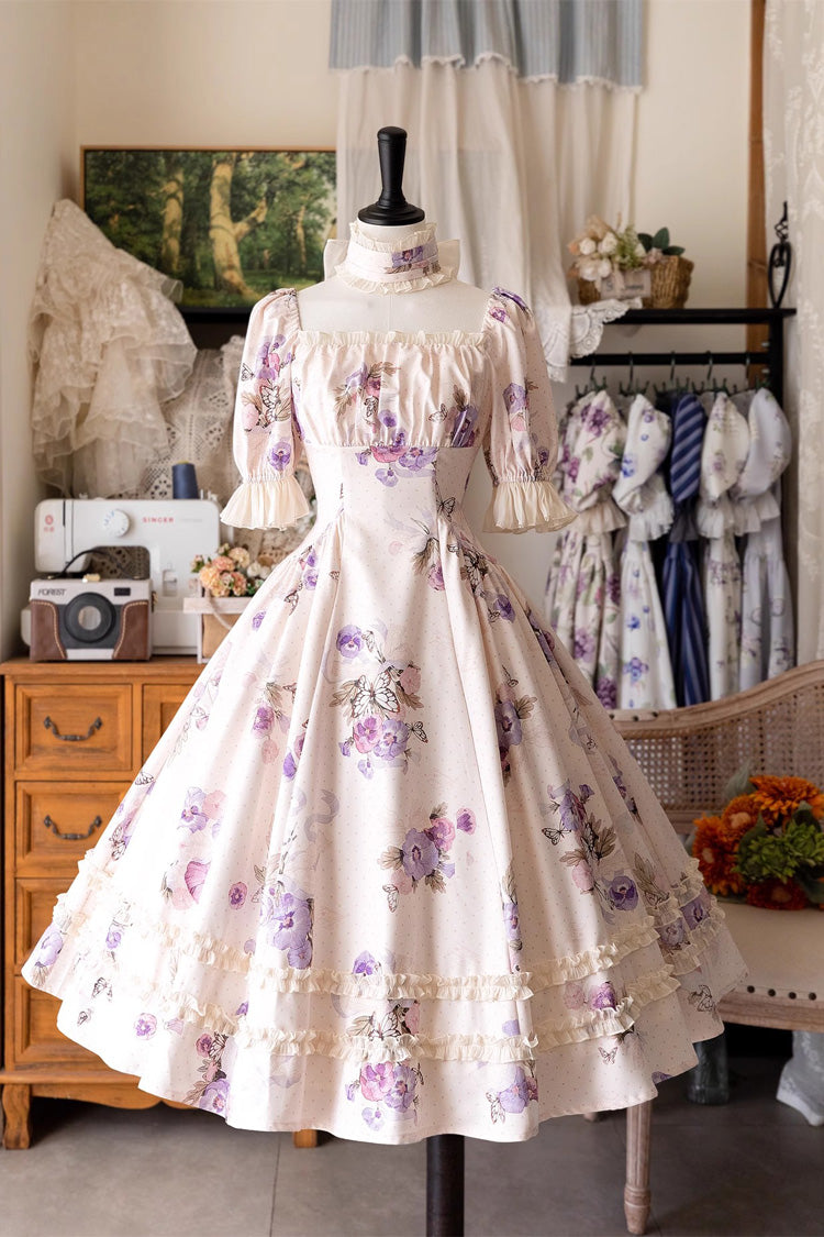 [Forest Basket] Print Short Sleeves Ruffle Lace Sweet Elegant Lolita Dress 6 Colors - Pansy - 1