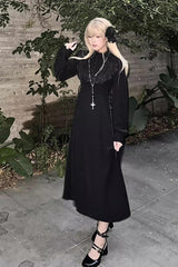 Black Stand Collar Long Sleeves Ruffled Lace-Up Gothic Lolita Dress - Product - 5