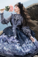 Blue [Angel Garden] Print Ruffle Bowknot Asymmetric Classic Elegant Lolita Jsk Dress - Product - 2