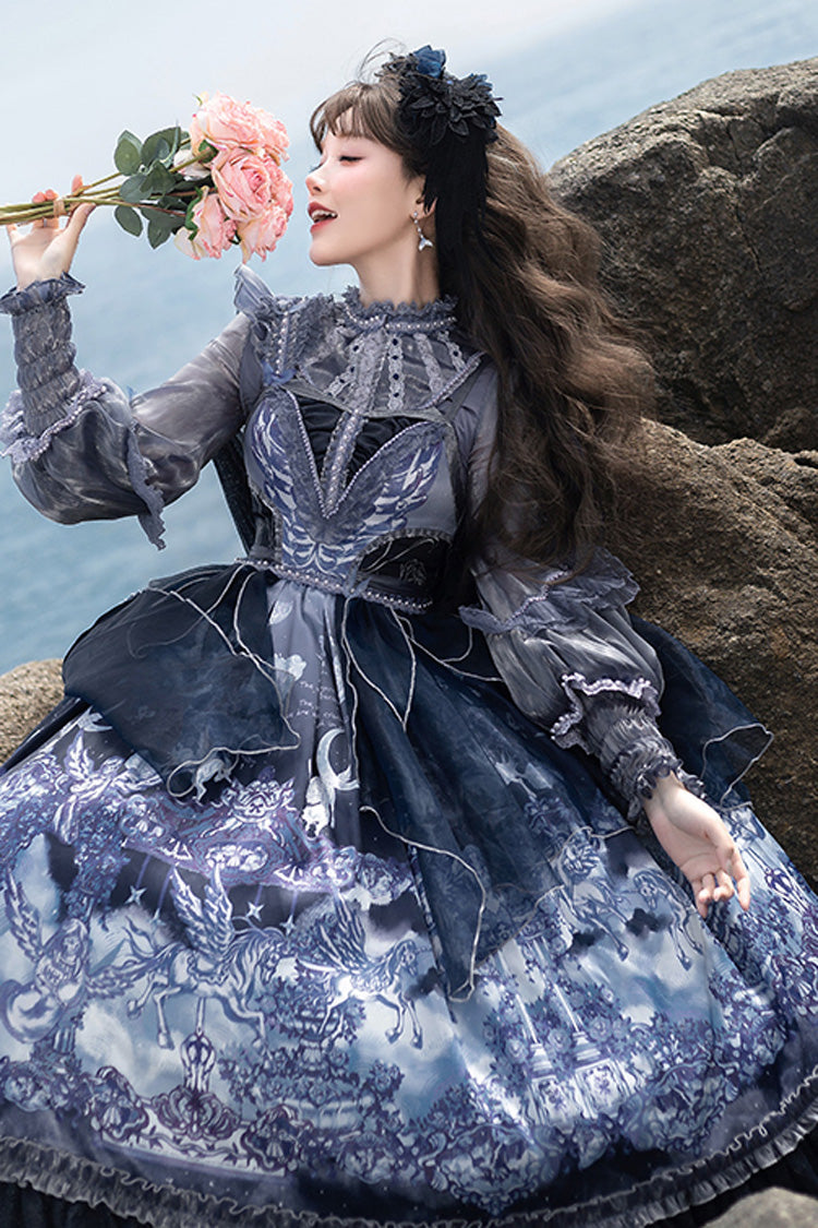 Blue [Angel Garden] Print Ruffle Bowknot Asymmetric Classic Elegant Lolita Jsk Dress - Product - 2