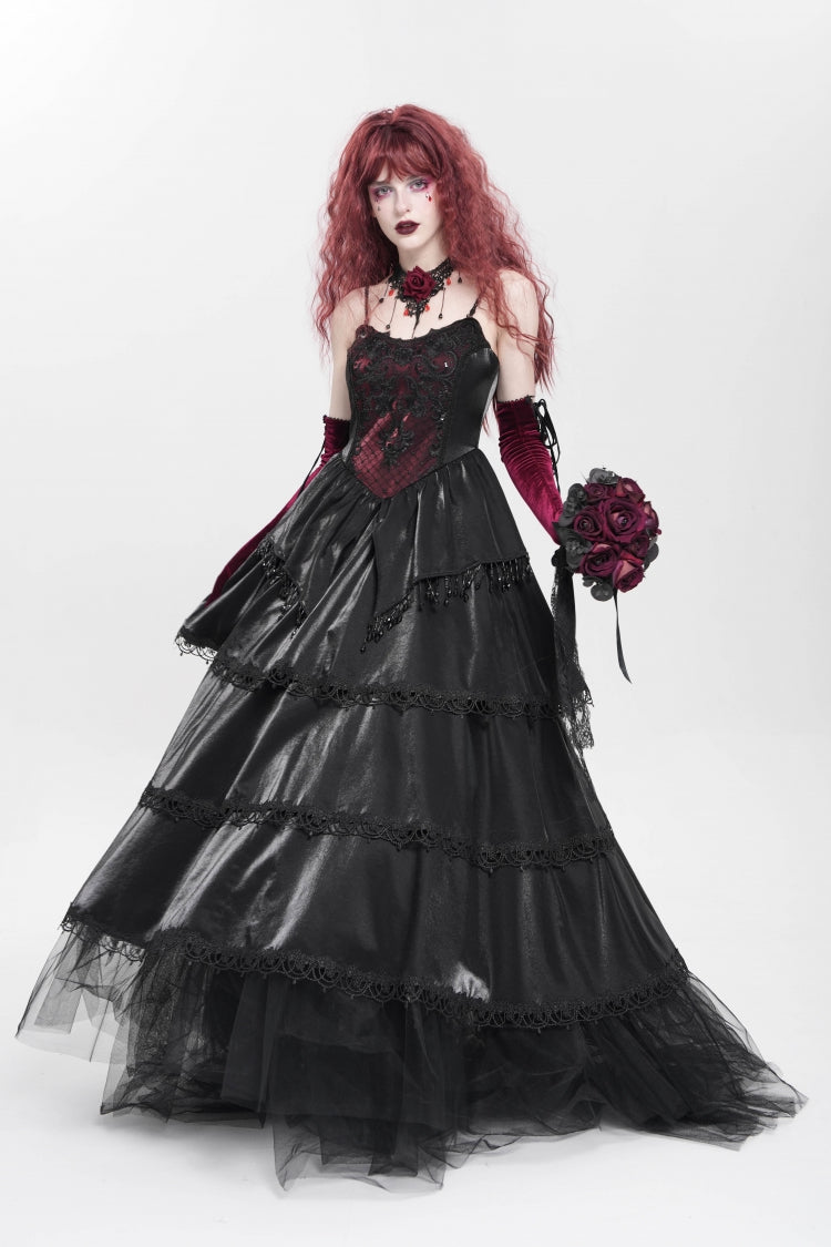 Black Sleeveless Multi-Layered Embroidery Pearl Women's Gothic Slip Dress - Product - 9