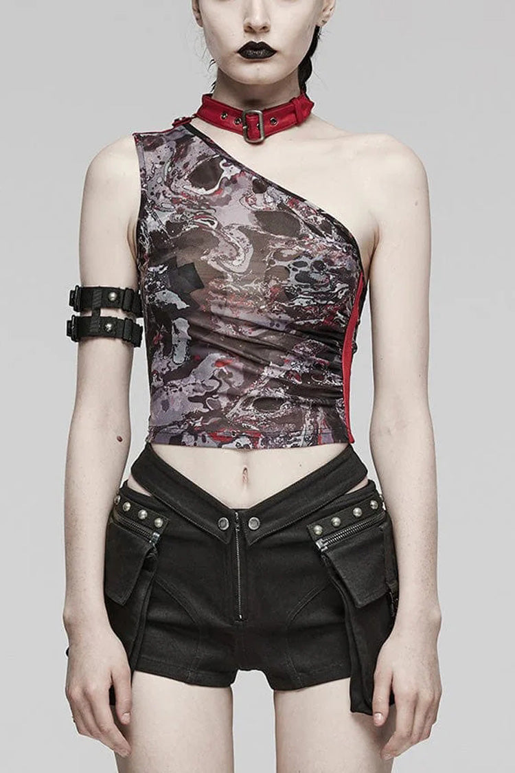Asymmetrical Off Shoulder Sleeveless Print Womens Steampunk Halter Vest 2 Colors - Black/Red - 1