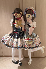 Black [Mystery Rabbit Tea Party] Sleeveless Print Bowknot Lace Sweet Lolita Strap Dress - Product - 6