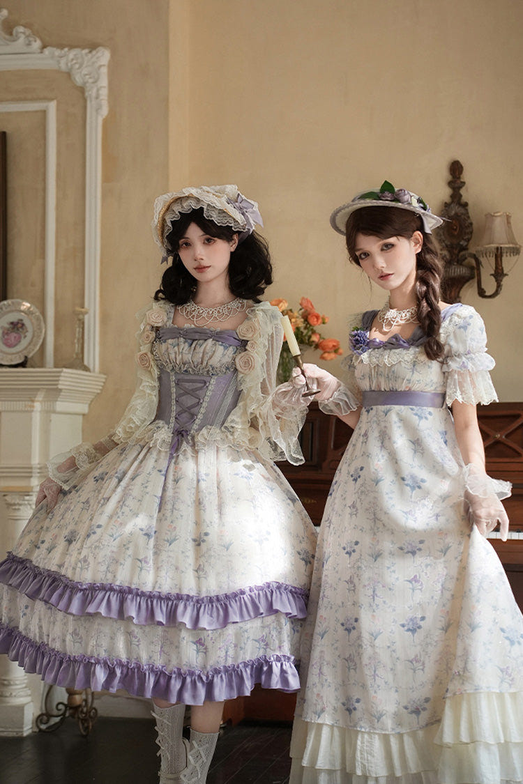 Purple/Ivory [Iris Secrets] Double-Layered Print Ruffle Bowknot Lace-Up Fake Two Pieces Sweet Lolita Jsk Dress - Product - 4