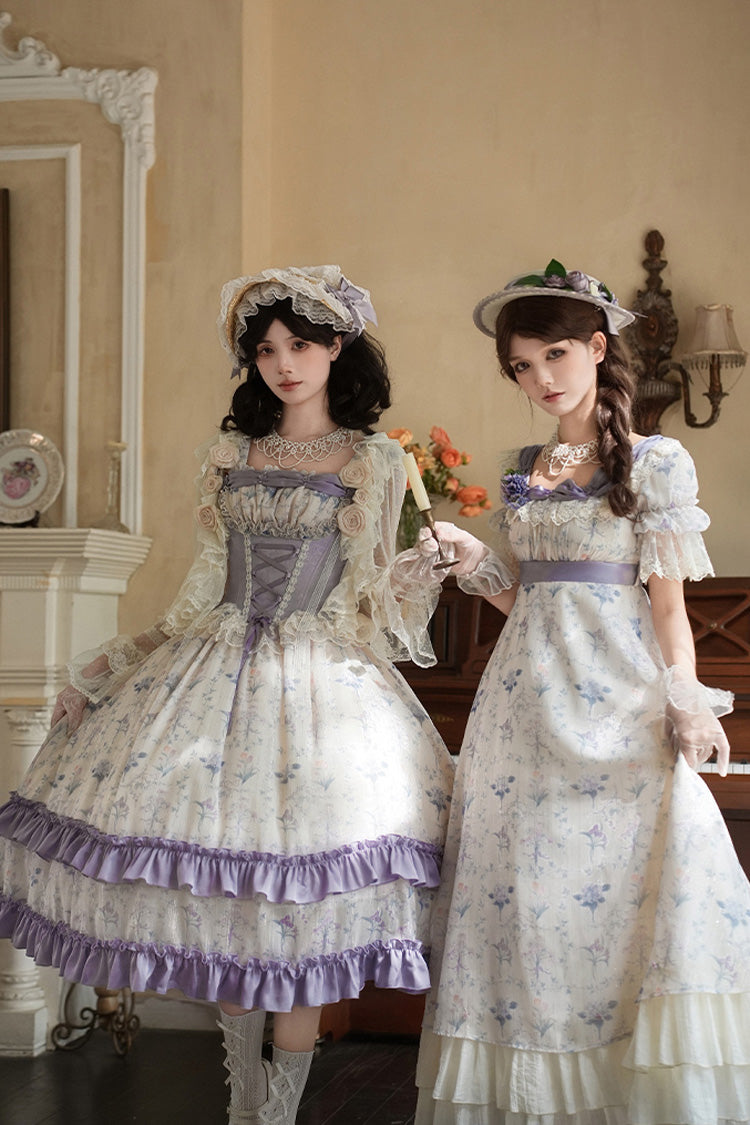 Purple/Ivory [Iris Secrets] Short Sleeves Double-Layered Print Ruffle Bowknot Lace-Up Sweet Lolita Dress - Product - 14